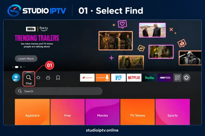 Fire TV home screen with the Find option highlighted