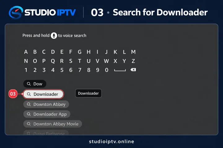 Searching for the Downloader app on Fire TV