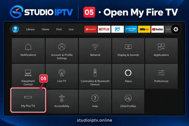 Fire TV settings menu with My Fire TV highlighted