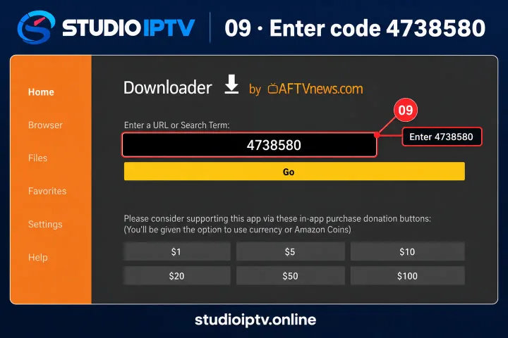 Downloader app with code 4738580 entered