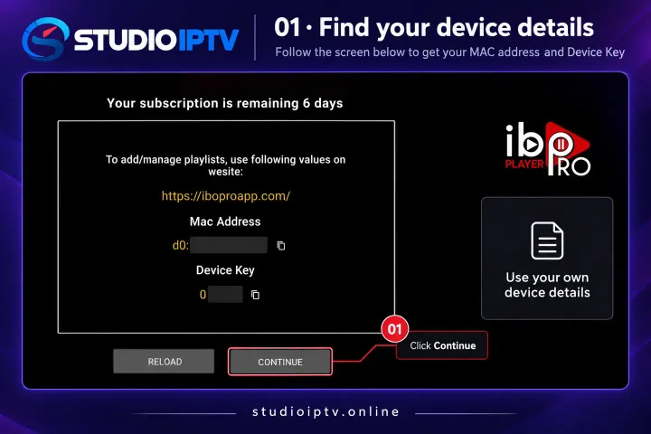 IBO Player Pro showing the device MAC address and key