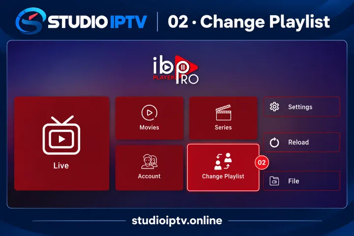 IBO Player Pro main menu with Change Playlist highlighted