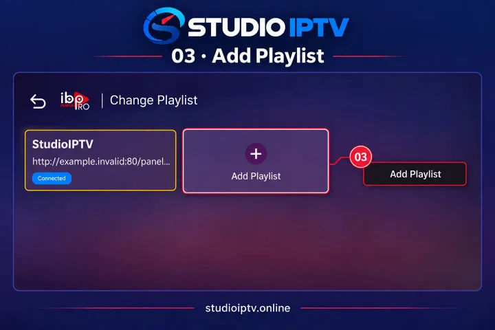 IBO Player Pro playlist screen with Add Playlist highlighted