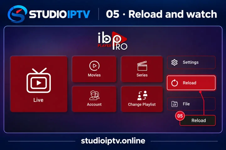 IBO Player Pro main menu with Reload highlighted